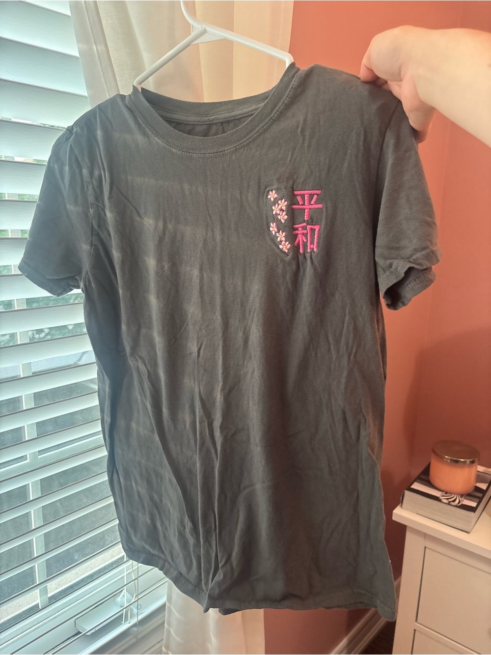 Men's Black Tee with Pink Embroidered Kanji